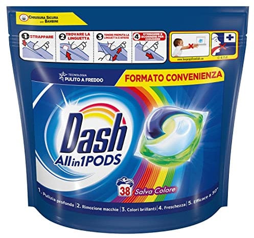 Dash Pods All in 1 Detersivo Lavatrice in Capsule, 38 Lavaggi, Salva Colore, Maxi Formato, Mantiene Vivaci i Colori Dei Tuoi Capi, Efficace Anche a Bassa Temperatura