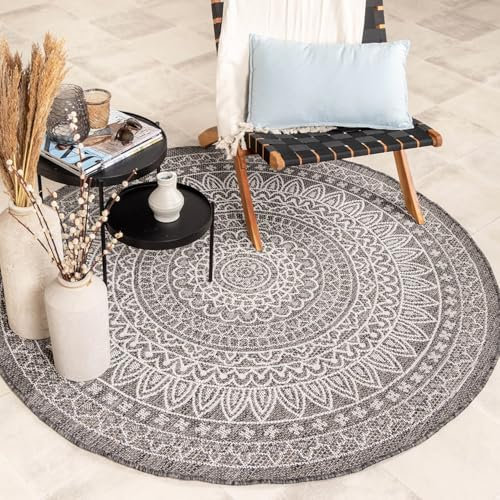 FRAAI | Home & Living In- & Outdoor Teppich Rund - Summer Azteca Grau Ø 240cm - Wetterfest - Polypropylen - Flachgewebe - Balkon, Garten/Terrasse - Terrasse - Rug