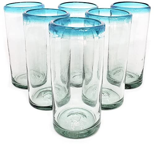 MexHandcraft Aqua Blue Rim Eistee-Gläser, 590 ml, mexikanische, handgefertigte Glaswaren, recyceltes Glas, bleifrei, giftfrei, 6 Stück