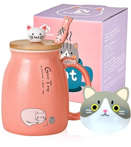 Katze-Becher Süße Kaffeetasse aus Keramik mit Kawaii-Katze Holzdeckel und schöner Löffel aus Edelstahl Neuheit Morning CupKaffee-Milch-Tee-Becher - 3D-Tier Katzen-Tassen für Katzenliebhaber Frau Rosa