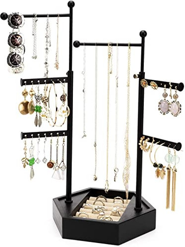 Emfogoo Jewellery Organizer 6 Tier Jewellery Stand Holder with Adjustable Height Necklace Holder for Earring Ring Bracelet Display (Black)