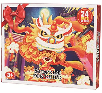 Adventskalender 2022 Weihnachtskalender Kinder Charm DIY Schmuck Spielzeug 2022 Lions Dance 24 Kalender Festliches Adventstürchen 24 Tage mit 24 kleinen Spielzeugen Zurückziehen #8 (Red, One Size)