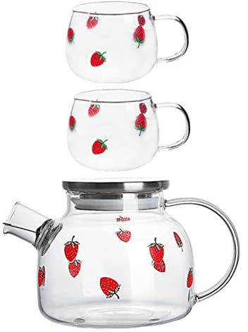 Cabilock 1 Satz Kaltwasserflaschen-set Saft Krug Saftkanne Aus Glas Kaltwasserkrug Wasserkocher Erdbeeren Glas Trinken Krug Nachtkaraffe Glastopf Verdicken Glas Mit Hohem Borosilikatgehalt