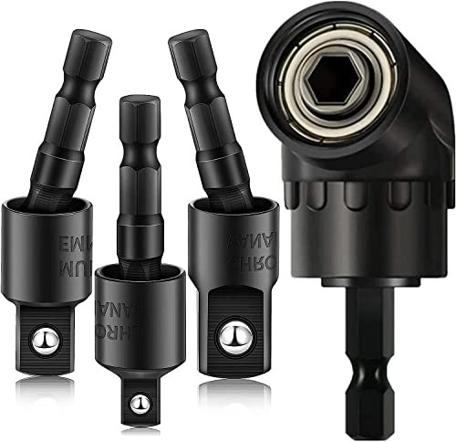 4 Pieces Impact Drill Bit Extension, 105° Right Angle Drill Adaptor, 360° Rotatable 1/4 3/8 1/2 Impact Grade Socket Adapter Set, 1/4 Hex Shank Impact Grade Socket Wrench Adapter Extension Set