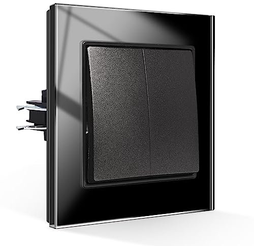 CNBINGO Lichtschalter 2 Fach 2 Weg Glas Lichtschalter Unterputz, Schraubenloser Wippschalter Taktiler Wandschalter Kristall-Wippschalter, schwarz