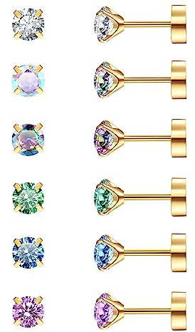 Dochais 6Paar Titan Ohrstecker für Männer Frauen, G23 Titan Ohrringe für empfindliche Ohren flach zurück Ohrstecker Knorpel Ohrring Cubic Zirkonia hypoallergen flach zurück Ohrringe Ohrstecker