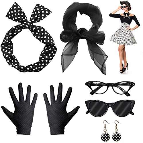 VEGCOO Accessoires 50er Jahre, Damen, 6 Stück, Kostüm der 1950er Jahre, gepunktet, Schal, Handschuh, Ohrschlaufe, Stirnband, Brille, für Karneval Party (schwarz)