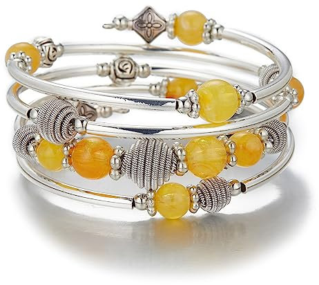 Bulinlin Silber Wickelarmband mit Naturstein Perlen Boho Mehrschichtiges Damen Armbänder Geburtstags Modegeschenk für Frauen (Gelb)