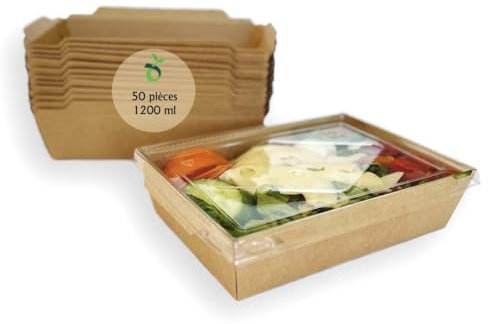 ECOPICNIC Lanchbox in Carta Kraft con Coperchio Trasparente 1200 ml - Confezione da 50 Pezzi | Scatole per Alimenti da Asporto, Contenitori Monouso per Cibo, Scatole Ecologiche