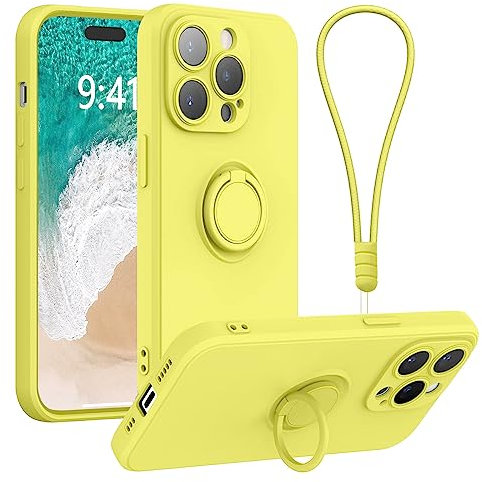 Galful Silicone Phone Case for iPhone 14 Pro with Wrist Strap Lanyard,Finger Ring Holder Magnet Car Holder Ultra Slim TPU Shockproof Protective Phone Case Cover for iPhone 14 Pro,Yellow