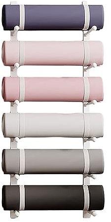 NUNETH Yoga Mat Wall Storage Rack, Wall-Mounted Gym Organizer, Home Fitness Accessories Storage for Yoga Mats, Straps, Foam Roller (White, 6-Tiers, 103 cm)
