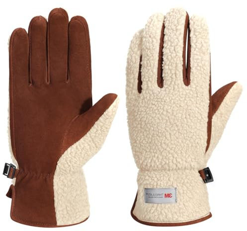 Harssidanzar Winter Echtes Wildleder Handschuhe Damen Warmes Fleece Thinsulate gefüttert Outdoor Skifahren Lederhandschuhe SL021EU,Beige/Hellbraun, Größe L