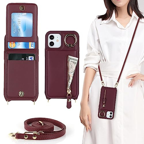 CAVOR Handykette Handyhülle Kompatibel mit iPhone 12 Mini Hülle Mit Band,Flip Leder Geldborse Hülle,[4 Kartenfach][Mit Ring][Reißverschluss],Handytasche zum Umhängeband - Burgunder