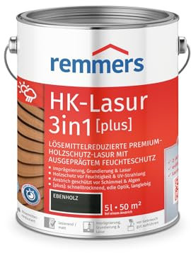 Remmers HK-Lasur Lasure 3 en 1 [plus] bois d'ébène mat, 5 litres, lasure de protection du bois de qualité supérieure à réduction de solvants pour l'extérieur, 3 en 1, séchage rapide, durable