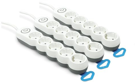 Garza - Pack de 3 Bases múltiple con 5 enchufes, Cable de 1.4 Metros, Enchufe Plano, con Interruptor, Protección Infantil, Blanco