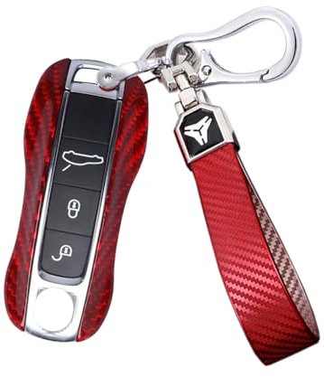 HIBEYO Coque de clé de Voiture Intelligente Compatible avec Porsche 911 971 9YA Carrera Cayman Panamera Boxster Macan Porte-clés Accessoires de Voiture Porte-clés en Carbone Rouge