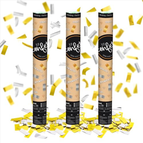 3 Stück - Konfettikanone Gold und Silber 50 cm - Konfetti Gala Gold und Silber - Dekoration Veranstaltungen, Partys, Feiern, Hochzeiten, Silvester, Schlucht Party 50 cm