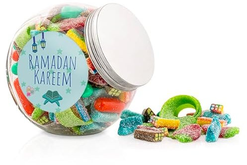 Fruchtgummi-Geschenkdose 1000g | Überraschungsmischung Bonbonglas für Ramadan | Süßigkeiten für Kinder & Erwachsene | mit wählbarem Ramadan-Aufkleber (Fruchtgummi-Kinderfreundlich)