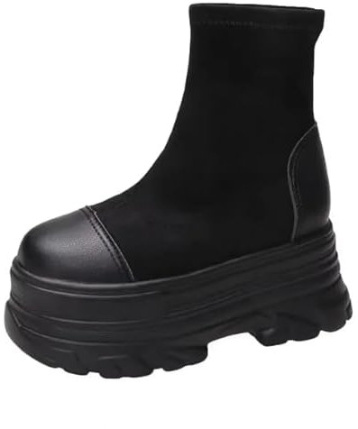 OUBOSI Scarpe da Donna di Alta qualità alla Moda con Zeppa in Pelle Scamosciata Elastica 10 Cm con Plateau Stivaletti Scarpe Casual con Cerniera Molla Nera,Nero,37