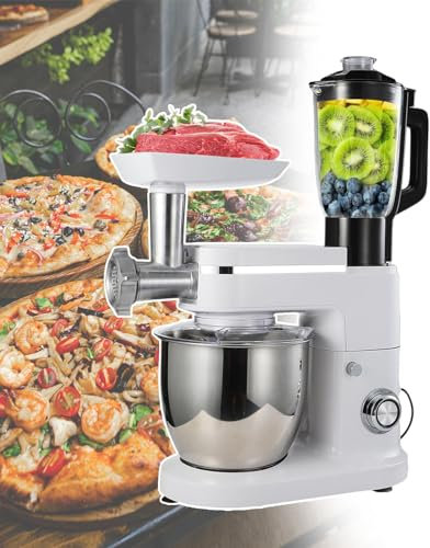 Stand Mixer with Meat Mincer,3 in 1 Kitchen Mixer,Abs Metal Edging Body,Electronic Knob,6+P -Speed Adjustment,Stainless Steel 6L Mixing Bowl,Easy to Use & Sweep,White