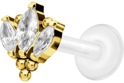 PIERCINGLINE PTFE Labret mit Gewinde + Titan-Aufsatz LOTUSBLÜTE + KUGELN Piercing Ohr Nase Goldfarben 1,2 x 6 mm