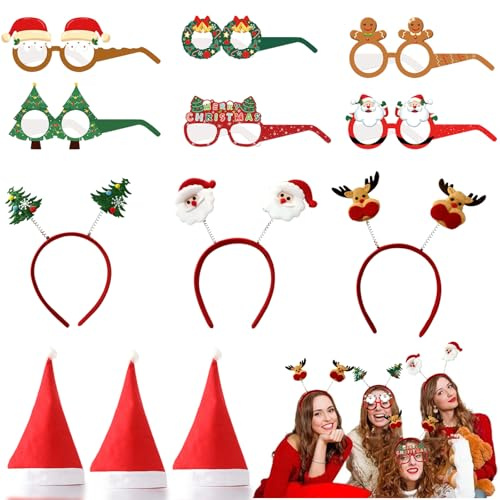 MPXEAVG 12 Pcs Weihnachtsassesoires Set, 6 Pcs weihnachtsbrille, 3 Pcs weihnachtsstirnband, 3 Pcs Weihnachtsmützen Erwachsene, Lustig Weihnachts Haarreif, für Weihnachtsfeier