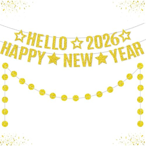 Goldglitzerndes „Hallo 2026, frohes neues Jahr“-Banner, Silvesterpartyzubehör 2026, Willkommen-Neujahr-Girlande, Silvesterparty-Dekoration für Zuhause, Büro, Kaminsims