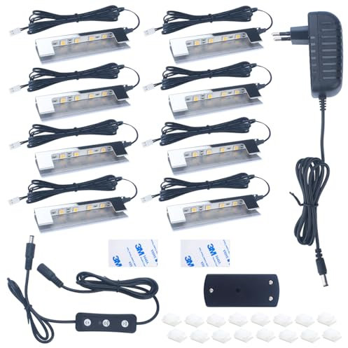 OASHISU Vitrinenbeleuchtung 8er Set 6 * 5050SMD Warmweiß LED- Glasbodenbeleuchtung inkl. 12V Netzteil mit Schalter, Clips warmweiß Glaskantenbeleuchtung für Vitrine, Regal, Tisch