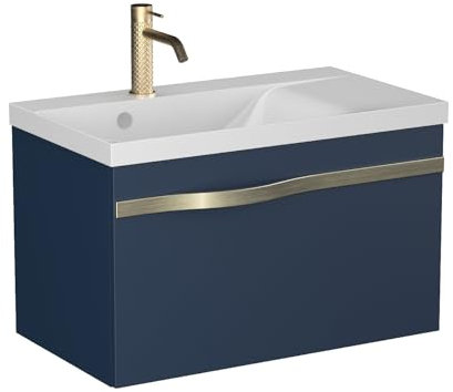 BadeDu Fils Waschbecken mit Unterschrank – 70 cm breit, Waschbecken aus Gussmarmor in Weiß mit Waschbeckenunterschrank in Navy Blue, 1 Schublade mit Soft-Close-System