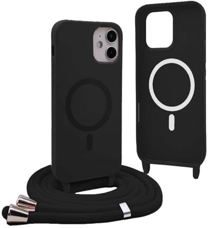 YFSYLL Handykette Hülle für iPhone 12 Mini mit Band,Magnetische Silikon Handyhülle Kompatibel mit MagSafe,Handyhülle für zum Umhängen Einstellbar und Abnehmbar - Schwarz