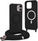 Magnetic Cover for iPhone 12 Mini with Lanyard, Compatible with MagSafe, Silicone Case with Adjustable Neck Strap Nylon Chain Necklace – Black