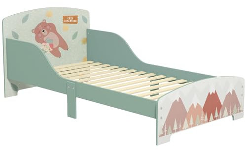 ZONEKIZ Letto per Bambini 3-6 Anni con Bordi Rialzati, Lettino per Bimbi 140x70 cm con Doghe e Fantasia con Animali, Verde