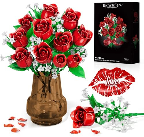 INVITOP Kit de construction de fleurs de rose, bouquet de fleurs, fleurs artificielles pour idée cadeau unique pour maman, petite amie et fille 6 7 8 9 10 11 12+, vase non inclus