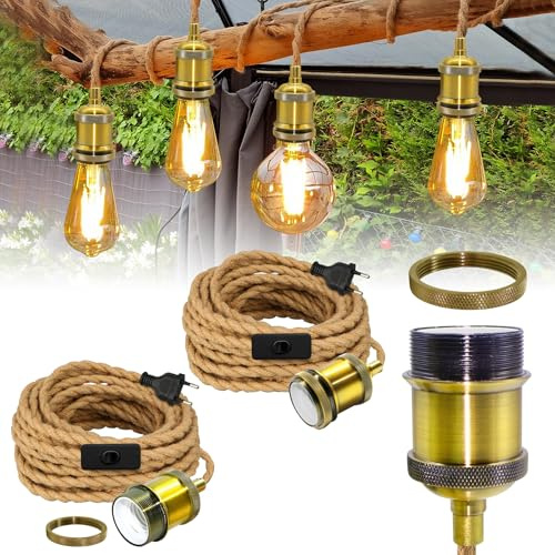 Industrial Hängelampe mit Stecker, 2 Stück Vintage Pendelleuchte Kit mit 5.1M Hanfseil Kabel, Retro Messing E27 Lampefassung, Rustikal Pendelleuchte mit Schalter, für Balkon, Max.60W, Ohne GlüHbirne