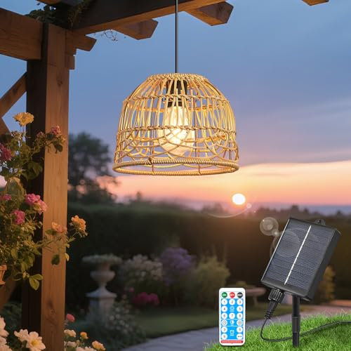 KSIBNW Solarlampen für Außen Garten, Outdoor Rattan Solar Hängelampe mit Fernbedienung Wasserdichte IP65 Pendelleuchte Solarbetriebene Lampe mit Solarpanel und 5M Kabel für Balkon Terrassen Patio