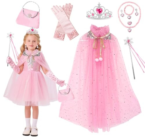 Orizizhic 9 Stück Prinzessin Umhang Mädchen Rosa, Mädchen Prinzessin Kleid mit Krone Zauberstab Taschen Handschuhe Halsketten Armbänder Ohrringe Ringe für Faschingskostüm Verkleidung Karneval Cosplay