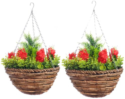 Pair Of Best Artificial Red Hyacinth Flowers in 10 Inch Round Woven Hanging Baskets with Eucalyptus leaves and Conifer Centre