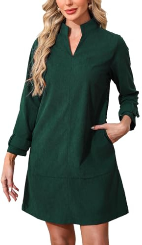 Women's Corduroy Dress 3/4 Sleeve V Neck Stand Collar Casual Vintage Fall Mini Shift Dress with Pocket Green