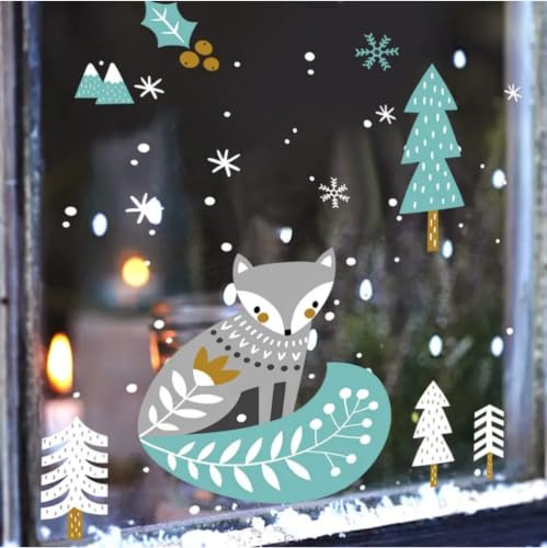 WandSticker4U®- Fensterbilder Weihnachten Kinder FUCHS im WINTERWALD (55x44 cm) I Süße Weihnachtsdeko Fenster Aufkleber Schneeflocken Tiere I Fenstersticker Kinder Weihnachten wiederverwendbar