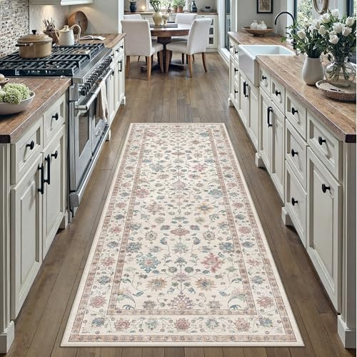 PureCozy Vintage Waschbarer LäUfer Flur Teppich 60x180cm, Multicolore | Blumenmuster,Waschbar, Rutschfest, Kurzflor, Weich, Küche, Eingangsbereich, Schlafzimmer, Bettvorleger
