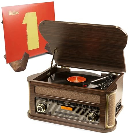 Fenton Memphis Vintage Record Player with CD, Cassette & DAB+ Radio in Dark Wood Finish - Includes Retro Wooden Vinyl Album Display Stand