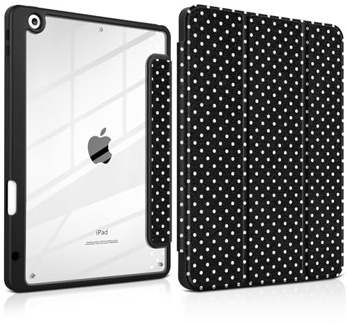 MEEgoodo Case for iPad 10.2 inch,Tablet Cases for iPad 9th Generation 2021/8th Gen 2020/7th Gen 2019 with Clear Acrylic Back Shell+Pencil Holder+Auto Wake/Sleep+Trifold Stand, White Polka Dot