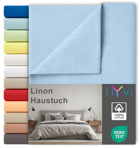 NYVI Linon Deluxe Bettlaken ohne Gummizug aus 100% atmungsaktiver Baumwolle - Betttuch auch als Sommerdecke nutzbar, Oeko-TEX 100, Bei 60°C waschbar - 150x250 cm Hellblau