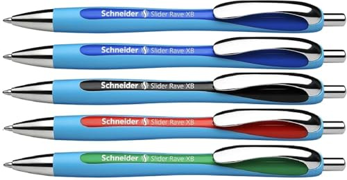 Schneider Slider Rave XB Kugelschreiber, Strichstärke: XB, dokumentenechte Mine, Made in Germany (Blau | Tinte Sortiert, 5 stück (1er Pack))