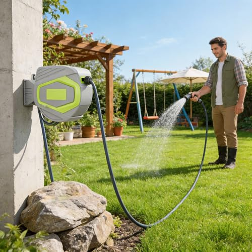 UISEBRT Schlauchtrommel Wasser 28+2m mit 180° Schwenkhalterung & 10 Sprühmodi,Schlauchaufroller zur Wandmontage Schlauchbox mit Automatisches Aufrollen für Garten, Rasen & Autowäsche,Grau-Gelb