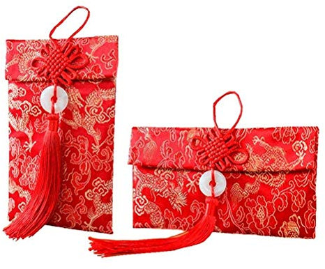 Yesoa Lot de 2 enveloppes chinoises rouges en soie Motif dragon chinois porte-bonheur Rouge