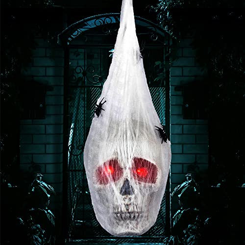 JOYIN Cabeza de Calavera Colgante Animada de Halloween Cubierta con telarañas y Ojos iluminados, Decoraciones Colgantes de Halloween, Decoraciones de Fiesta de Halloween