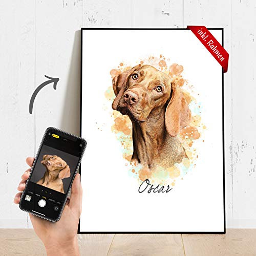Dein Haustier als Portrait Artwork auf einem Poster mit Druck & Bilderrahmen (optional) – in A4 / A3 – Personalisierte Geschenke – Geschenke für Männer & Frauen – Haustier Geschenk – Fotogeschenke