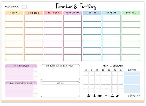 PICTALOO Wochenplaner Block 50 Blatt inkl. Aktivitätstracker, Wochenzielen und Notizen, ohne Datum, praktischer Terminplaner und To-Do-Liste, Tagesplaner, DIN A4 (bunt)