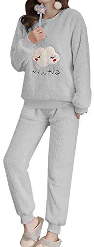 Minetom Herbst Winter Pyjamas Damen Mädchen Zweiteiler Ensembles Warm Coral Fleece Nachtwäsche Süße Plüsch Schlafanzug Langarm Shirt und Hose D Grau 38